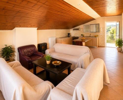 a living room with couches and a table and a kitchen at Charming Apartment with Sea View in Néa Seléfkeia