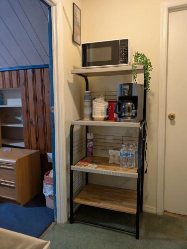 a shelf with a microwave on top of it at Isa-e Home Stay in Hempstead