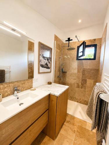 a bathroom with a sink and a shower at Le Petit Chalet in Crolles