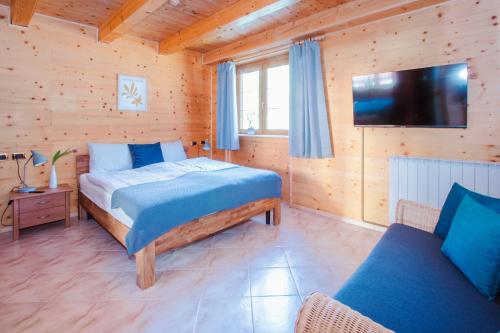 a bedroom with a bed and a tv and a couch at Casa Bruna Valmalenco, Casa vacanze sopra Caspoggio in Caspoggio