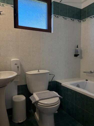 ein Badezimmer mit Toilette, Waschbecken und Badewanne in der Unterkunft Artemis Mezonetes in Kalavryta