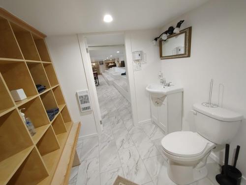 ein weißes Badezimmer mit Toilette und Waschbecken in der Unterkunft Quiet Ocean View Open Concept, Loft Style Studio within Forested Area, Near Parks & Ferry in Nanaimo