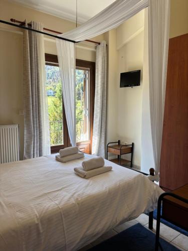 ein Schlafzimmer mit einem großen Bett und einem Fenster in der Unterkunft Artemis Mezonetes in Kalavryta