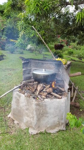 a grill with a pot on top of it at Big Sky Lodge in Crochu