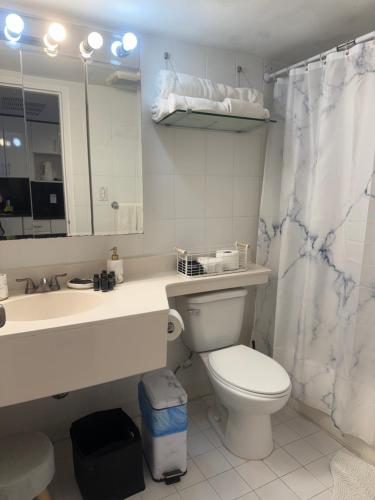a bathroom with a toilet and a sink and a mirror at Ocean View Apartment In Sunny Isles in Sunny Isles Beach