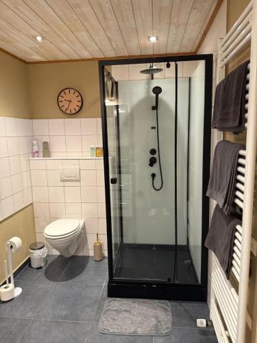 a bathroom with a shower with a toilet and a clock at Le 8 du Pontois in Ciney