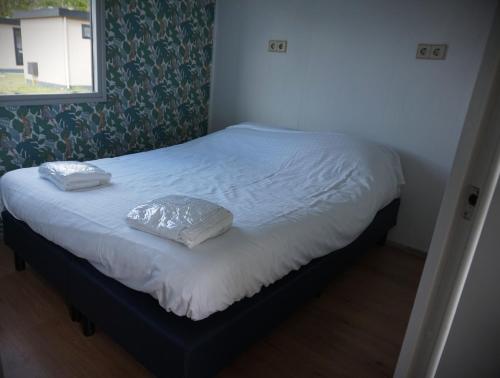 a bed with two pillows on it in a bedroom at 't Veldhuisje 109 - naast het bos, honden toegestaan in Anloo