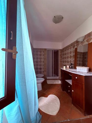 a bathroom with a toilet and a blue shower curtain at Casa Lory in Posta Fibreno