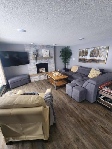 a living room with a couch and a fireplace at NEW Sunset Cottage - Lake Lida in Pelican Rapids
