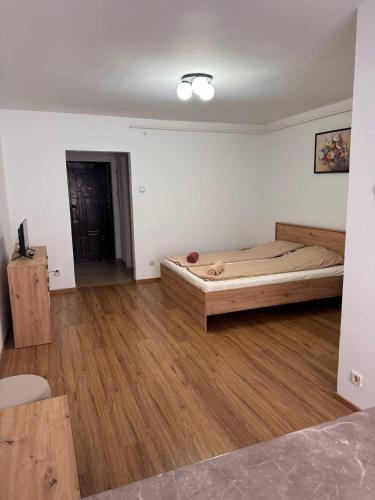 a bedroom with a large bed and a wooden floor at Hunyadi Nest in Hunedoara