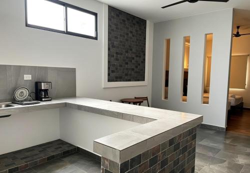 a kitchen with a counter top in a room at Hotel Zibahun in Valladolid