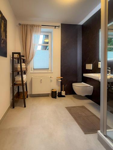 a bathroom with a toilet and a sink and a window at Ferienwohnung Zur Winkelgasse in Bad Langensalza