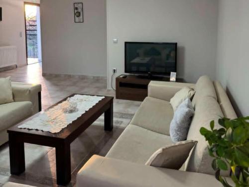 a living room with a couch and a coffee table at Val's place in Mytilene