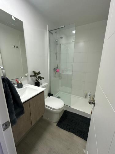 a bathroom with a shower and a toilet and a sink at Moderno Departamento Viña del Mar in Viña del Mar