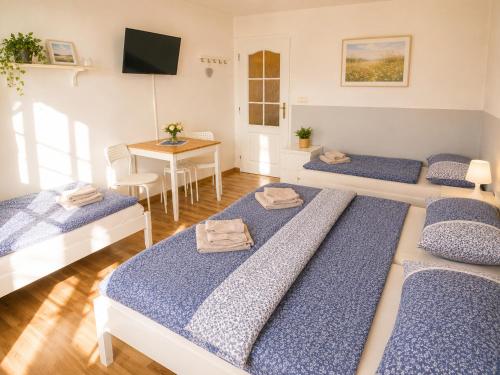 a room with four beds and a table with a television at Ubytování Ledňáček in Lednice