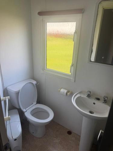 a bathroom with a toilet and a sink and a window at Kathy's Warden springs caravan in Leysdown-on-Sea