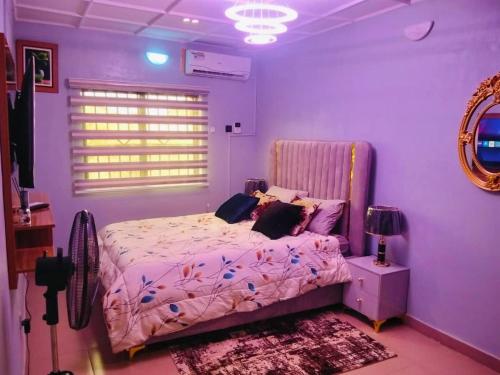 a purple bedroom with a bed and a mirror at Avapartmentrentals in Okunola