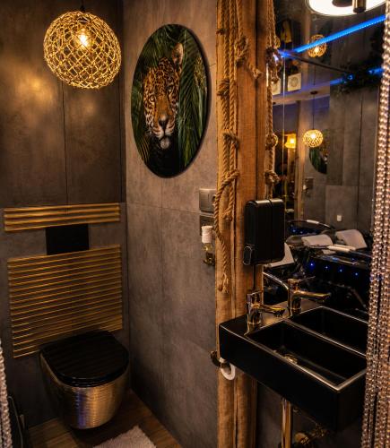 a bathroom with a sink and a mirror at JACUZZI & SAUNA Apartament Warszawa Wola in Warsaw