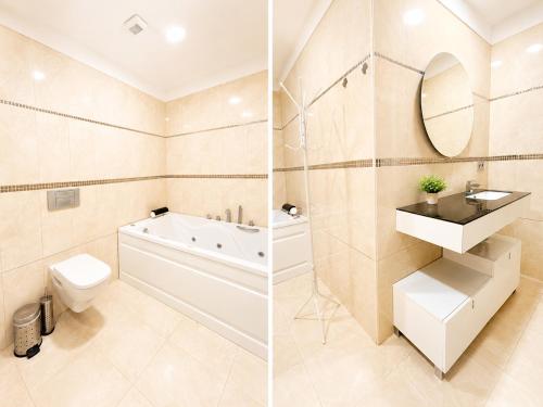 two pictures of a bathroom with a tub and sink at Las casitas de Zamorano in La Esperanza
