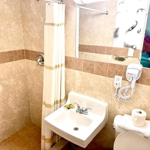 a bathroom with a sink and a shower and a toilet at A Fisher's Inn Motel in Las Vegas