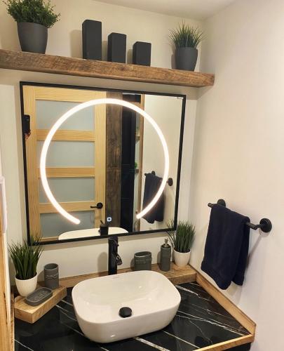 a bathroom with a sink and a mirror at Chalet Relaxant sur Lac Forêt in Saint Zenon