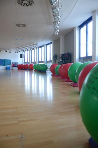a gym with a row of colored balls on a wooden floor at Hotel Ambiente in Halberstadt