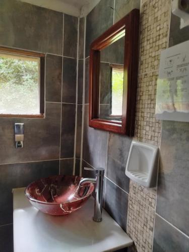 a bathroom with a sink with a bowl on a counter at Hotel de selva EL PUENTE in Villa Tunari