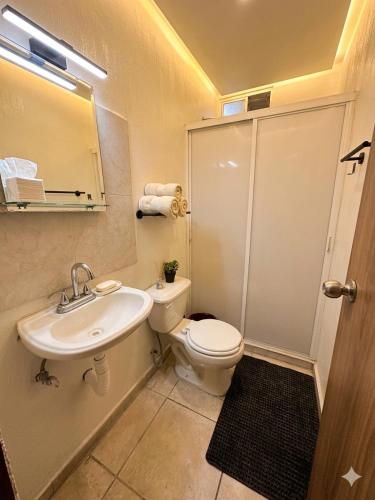 a bathroom with a toilet and a sink and a shower at Casa mezquite in Ocotlán
