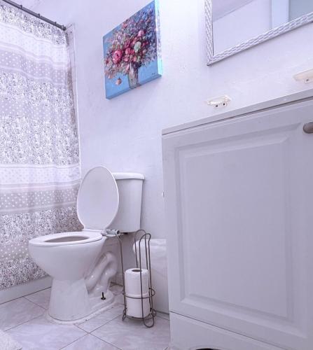 a bathroom with a toilet and a painting on the wall at Nice and Cozy House in the Greater Ponce Area in Ponce