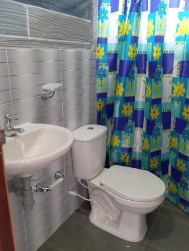 a bathroom with a toilet and a sink at Cabañas La Cima Del Cielo in San Vicente de Chucurí