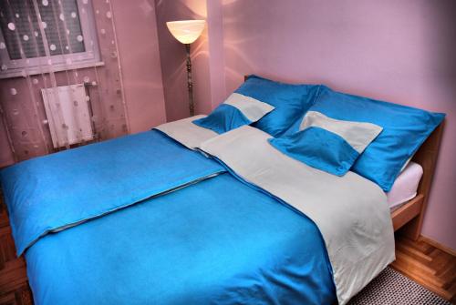 un letto blu e bianco in una camera da letto viola di Apartman Milkovic 2 a Sombor