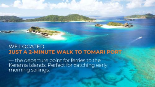 a poster for a minute walk to tongariari port the departure point for at Hotel Aqua Citta Naha in Naha