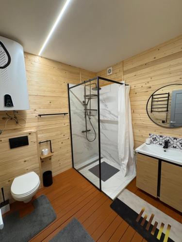 a bathroom with a shower and a toilet and a sink at B-House in Tyudov