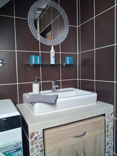 a bathroom with a sink and a mirror at Haus Morgenstern Fewo Boben in Neuharlingersiel