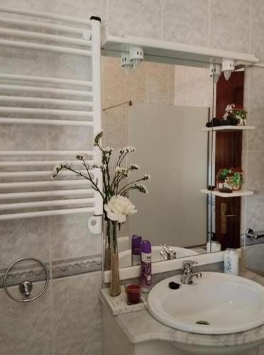 a bathroom with a sink and a vase with flowers at Lélé in Vila Praia de Âncora