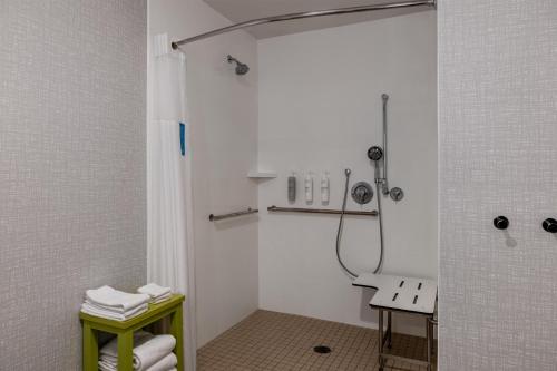 a bathroom with a shower with a bench and a sink at Hampton Inn & Suites Grafton in Grafton