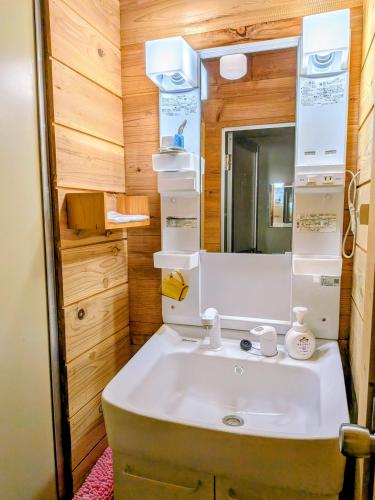 a bathroom with a sink and a mirror at のんびれっじ七草 in Nasushiobara