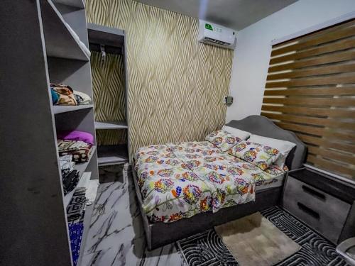 a small bedroom with a bed and a closet at Wiwi Appartement in Kinshasa