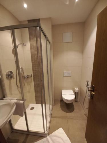 a bathroom with a shower and a toilet at Residence die Färbe in Vipiteno