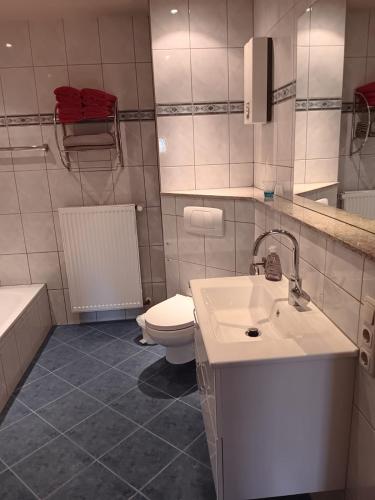 a bathroom with a sink and a toilet and a tub at Hunsrücktraum in Mittelstrimmig