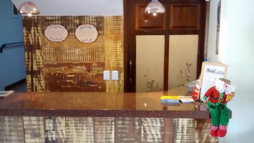 a kitchen counter with a santa claus figurine on it at Edelweiss Pomerode in Pomerode
