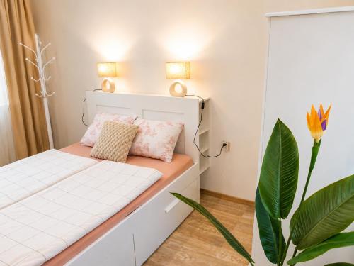 a small bedroom with a bed and a plant at NDK - Dream House in Sofia