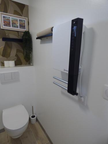 a bathroom with a toilet and a tv on a wall at studio des olivières in Montpeyroux