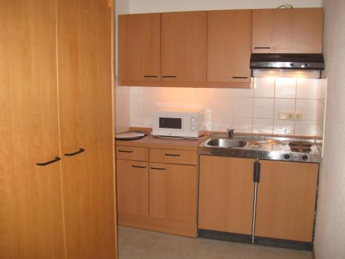 a kitchen with wooden cabinets and a sink and a microwave at Holiday Apartments Warmbad in Villach