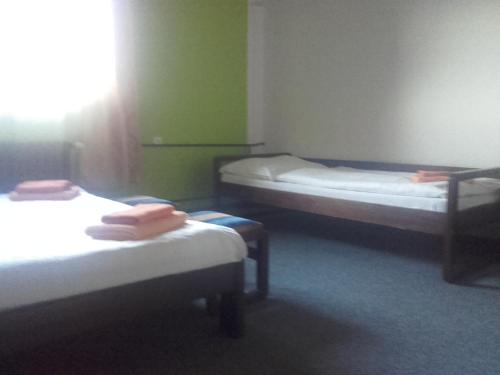 a room with two beds and a window at Hotel Anna in Harrachov