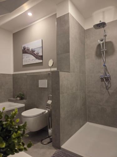 a bathroom with a shower and a toilet and a tub at Muttis Haus Auf dem Felde 15 in Ummern