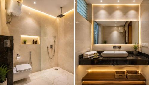 two pictures of a bathroom with a sink and a mirror at Hotel Corporate Plaza Near Terminal 3 Delhi International Airport With Free Airport Pickup in New Delhi