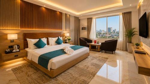 a hotel room with a bed and a large window at Hotel Corporate Plaza Near Terminal 3 Delhi International Airport With Free Airport Pickup in New Delhi
