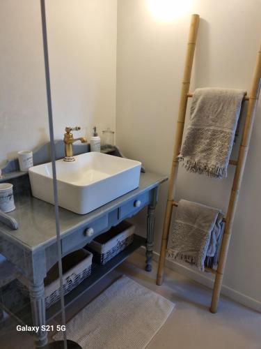 a bathroom with a white sink and a mirror at L'escapade des Cévennes in Rousson