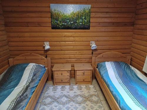 two beds in a room with wooden walls at Ferienwohnung Angela in Thalfang